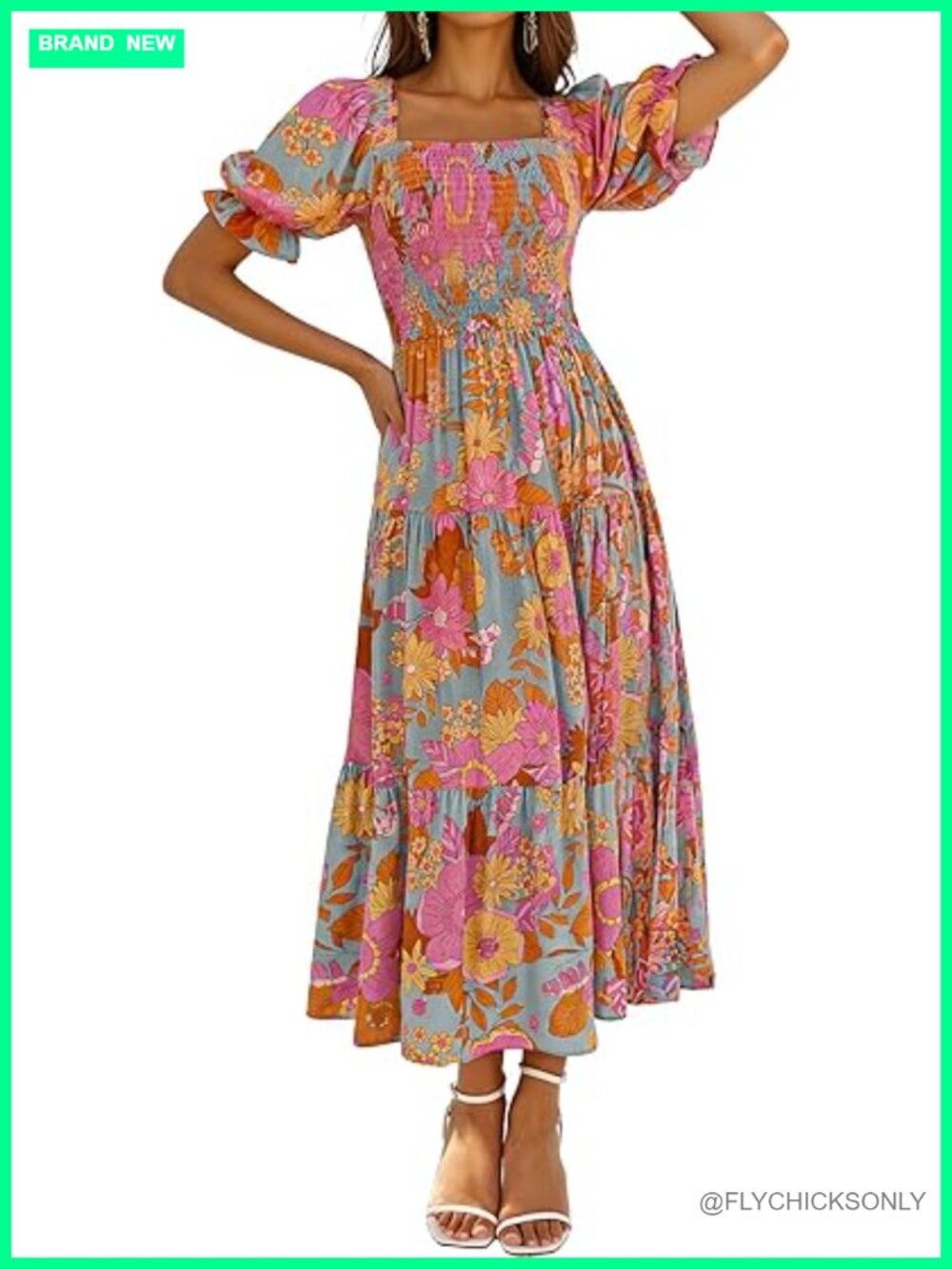 Boho Floral Print Square Neck Ruffle Swing Beach Maxi Dress - Picture 1 of 7